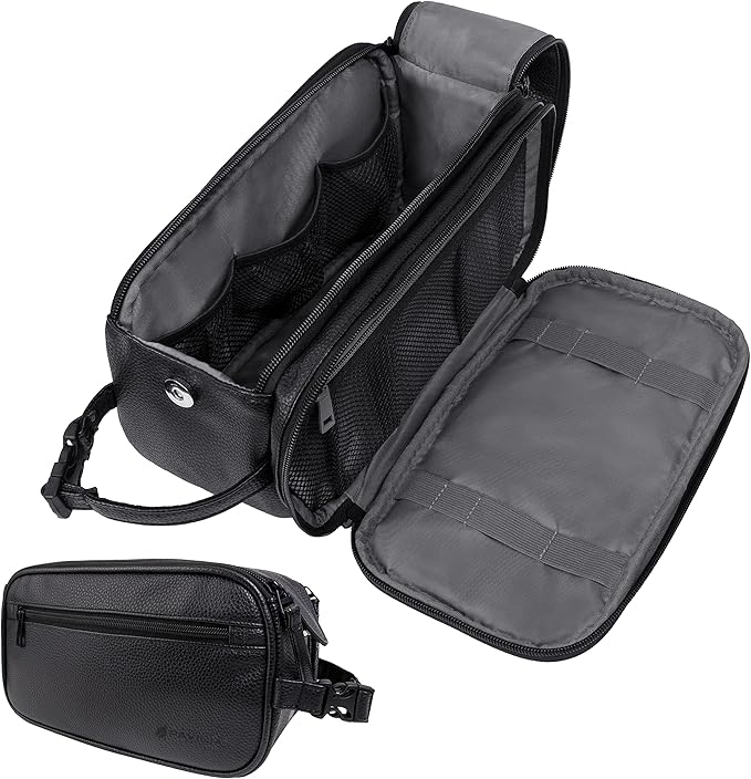 PAVILIA Toiletry Bag for Men, Travel Essentials Shaving Dopp Kit, Mens Travel Bag Toiletries Organizer Case for Grooming, PU Leather Water Resistant Cosmetic Bag Pouch (Black)