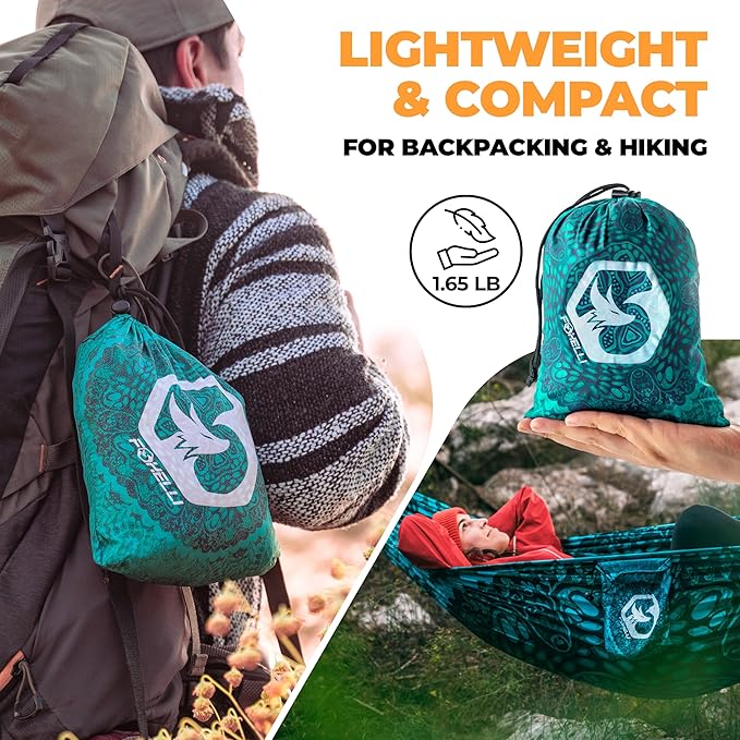 Foxelli Camping Hammock - Lightweight Portable Hammock, Easy Setup with Tree-Friendly Ropes & Steel Carabiners, Heavy Duty Parachute Nylon for Indoors and Outdoors