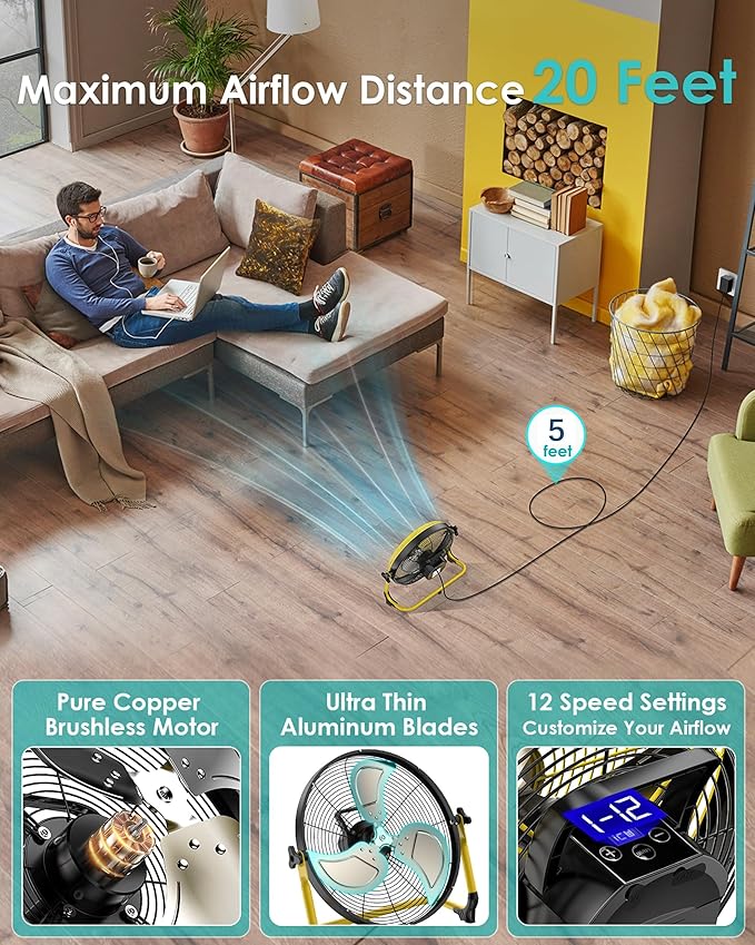 ZHULI 10" Portable Battery Operated Floor Fan, Rechargeable Cordless Camping Fan, Hi-Velocity Brushless Motor, Metal blade, USB Phone Charge, 8~60H Runtime, Quiet, Wireless, For Outdoor Home Workshop