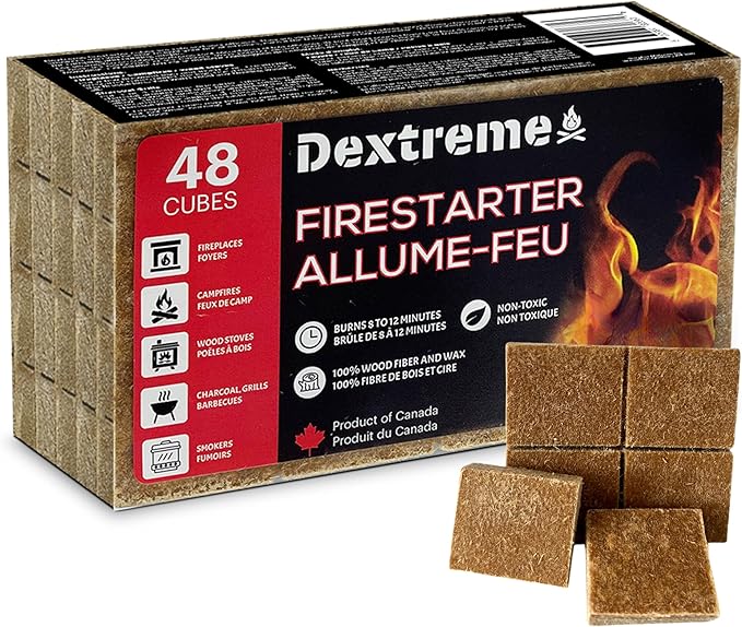 Dextreme Fire Starter Pack of 144/48 Natural Fire Starters Cubes for Campfires, Charcoal, BBQ, Grill Pit, Fireplace, Wood Stoves, Smokers and Camping - Easy to Ignite and Non Toxic… (48 Squares)