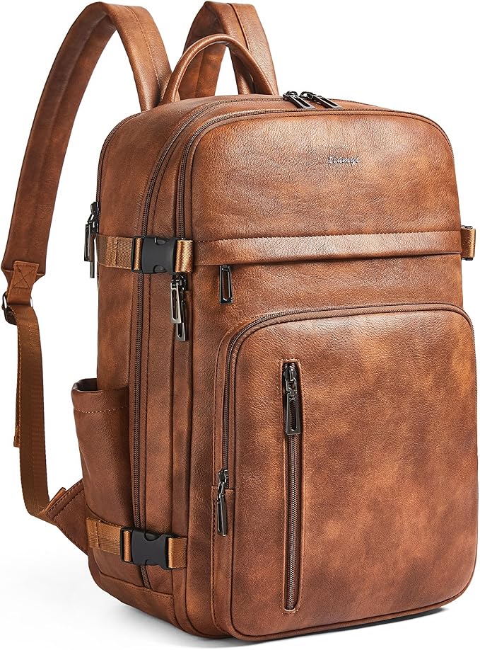 Travel Backpack for Women, Fits 17.0" Notebook, Stylish Lay-Flat Carry-on Vegan Leather Backpack with Luggage Strap for Travel and Daily Use