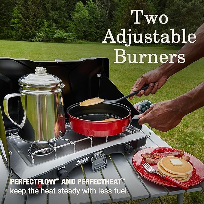 Coleman Triton+ 2-Burner Propane Camping Stove with InstaStart Ignition, Portable Camping Cooktop with 2 Adjustable Burners & Wind Guards, 22,000 BTUs of Power for Camping, Tailgating, Grilling