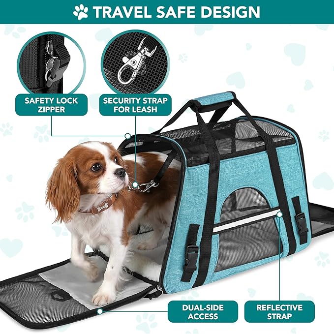 PetAmi Airline Approved Pet Carrier for Cats & Small Dogs, Soft Sided TSA Travel Carrier Bag Sherpa Bed, Breathable Mesh Ventilation, Collapsible Bowl, Fit Under Seat, Up to 18 lbs, Large Heather Blue