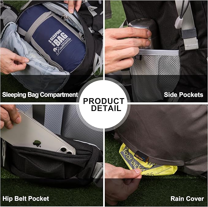 MOUNTAINTOP 70L Internal Frame Backpack Camping Backpacking Hiking Backpack for Men Women with Rain Cover