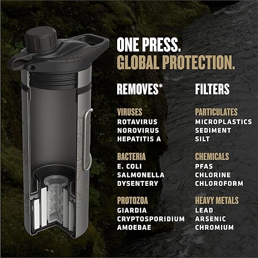 GRAYL GeoPress Titanium 24 oz Water Purifier Bottle - Filter for Hiking, Camping, Survival, Travel (Covert Black)