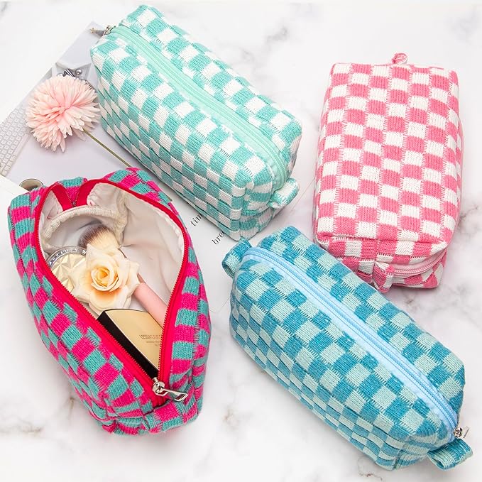 PAZIMIIK Checkered Makeup Bag for Purse Portable Zipper Make Up Pouch Small Cosmetic Case for Travel Accessories Arctic Blue