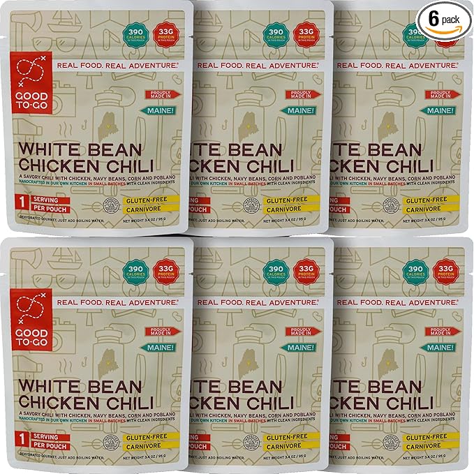GOOD TO-GO White Bean Chicken Chili (6-Pack of Single Servings) | Camping & Backpacking Food | Just Add Water Backpacking Meals | Good To-Go Dehydrated Meals Taste Better Than Freeze Dried Food