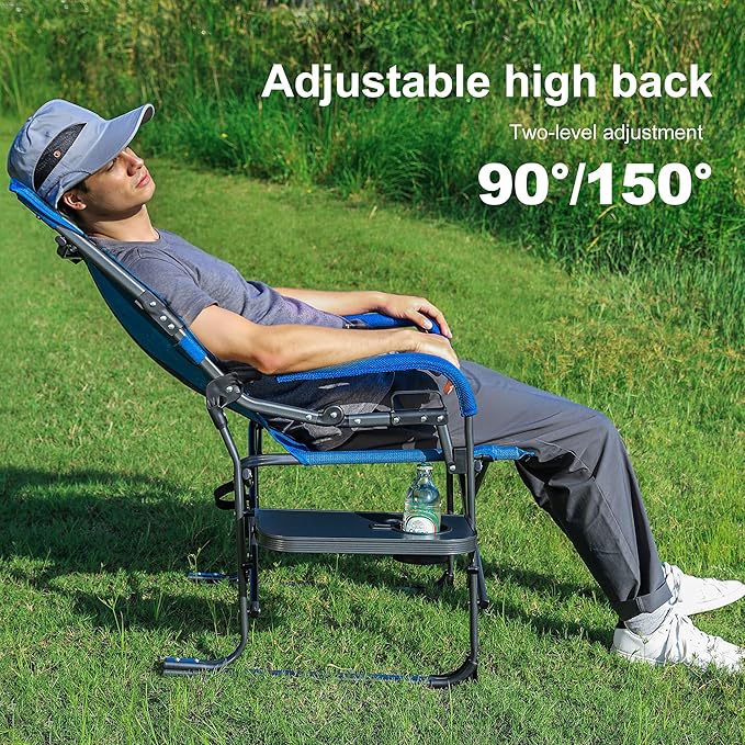 ALPHA CAMP Oversized Folding Camping Chairs High Backrest Reclining Director Heavy Duty Lawn Chairs for Adults Support 300 LBS Fishing Chairs with Large Side Table Cup Holders for Outdoor Fishing