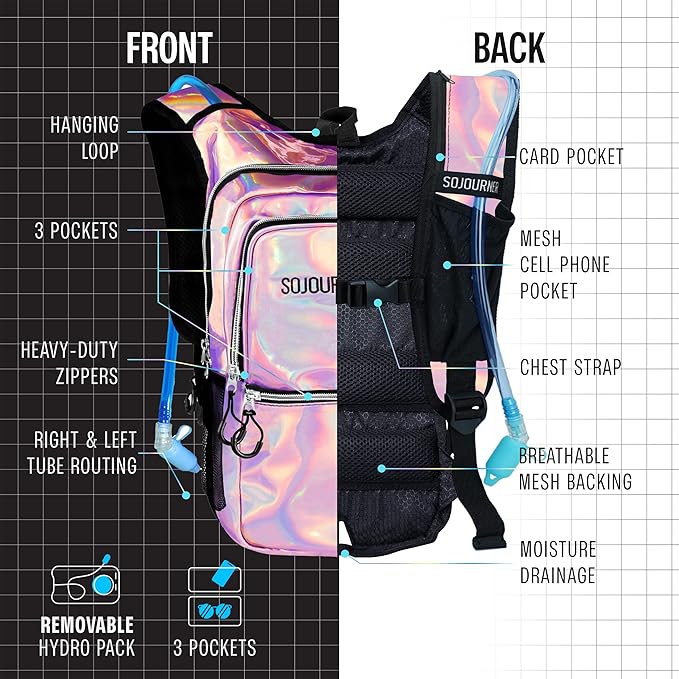 Sojourner Hydration Pack, Hydration Backpack - Water Backpack with 2l Hydration Bladder, Festival Essential - Rave Hydration Pack Hydropack Hydro for Hiking, Running, Biking, Festival Gear