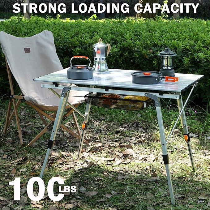Folding Outdoor Camping Table with Adjustable Legs, Lightweight Aluminum Roll Up Camp Table with Carrying Bag, Mesh Storage Organizer, for Cooking, Picnic, Beach, Backyards, BBQ, Party