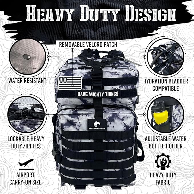 AMERICANPHOENIX 45L Elite Tactical Backpack | 3X Stronger Work & Military Backpack | Water Resistant and Heavy Duty | 3 Day MOLLE Bug Out Bag (Black Ice)