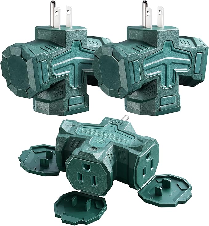 SURAIELEC Outdoor 3 Way Plug Adapter, Multi Plug Outlet Waterproof, 1 to 3 Power Splitter, Electrical 15A Multiple Outlet Extender with Cover for Outside Garden Garage, Green, ETL Listed, 3 Pack