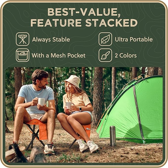 Foldable Tripod 13.4'' Stool - Ultra Portable Seat, Best for Youth+Pocket - 1 lb Camping Stool, 3 Legged Strong Steel Stool, Height: 13.4 inches (Orange)