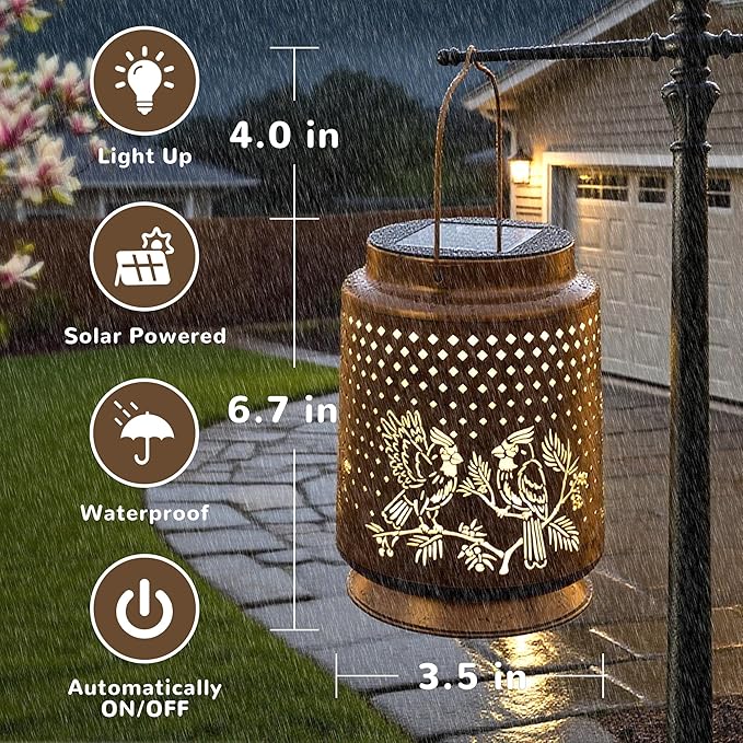 Cardinal Solar Lantern for Garden Outdoor Decor – Hanging Metal Light Decoration for Patio, Yard, Lawn, Pathway, Backyard – Birthday Gift for Mom, Women, Grandma