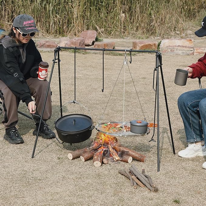 REDCAMP Swing Campfire Grill Stand - Collapsible Campfire Cooking Rack with 6 Hooks & Stainless Steel Grill Grate, Portable Dutch Oven Hanger for Outdoor Camping, Cookware, Bonfire, Round