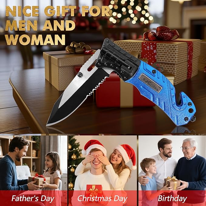 5-in-1 Dispatcher Tactical Knife with Glass Breaker, Seatbelt Cutter,Steel Serrated Blade,Flashlight and Carrying bag, Good for Military Emergency Outdoor Rescue (blue)