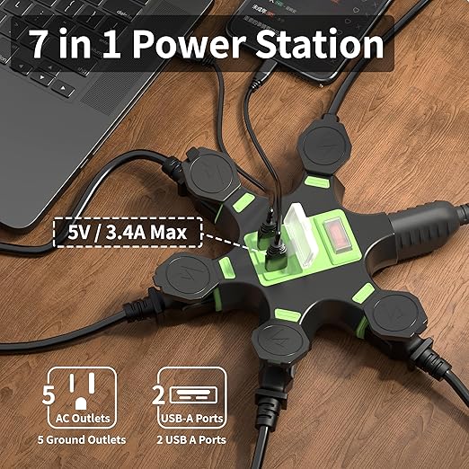HiFind Outdoor 5-Outlet Extender Splitter Power Hub Plug Multi Outlet Tap with 2 USB-A Ports & Safety Covers, Heavy Duty Power Adapter with Circuit Breaker Indicator for Holiday Lights-ETL