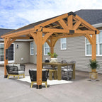 Backyard Discovery Arlington 12' x 12' Cedar Wood Outdoor Gazebo Pavilion with Hardtop Galvanized Steel Peak Roof, Snow Support, Wind Resistance, PowerPort, Shade for Garden, Patio, Deck, Entertaining