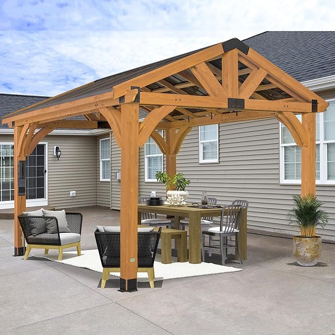 Backyard Discovery Arlington 12' x 12' Cedar Wood Outdoor Gazebo Pavilion with Hardtop Galvanized Steel Peak Roof, Snow Support, Wind Resistance, PowerPort, Shade for Garden, Patio, Deck, Entertaining