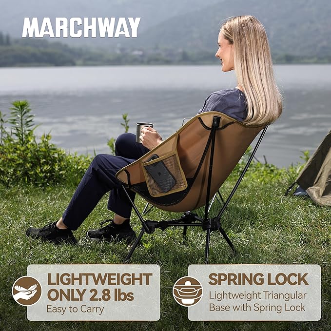 MARCHWAY Lightweight Folding Camping Chair with Spring Lock, Stable Compact Portable for Outdoor Camp, Travel, Beach, Picnic, Festival, Hiking, Backpacking (Lowback Khaki)