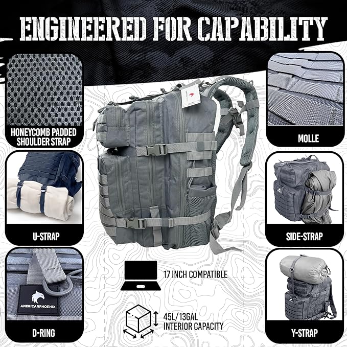 AMERICANPHOENIX 45L Elite Tactical Backpack | 3X Stronger Work & Military Backpack | Water Resistant and Heavy Duty | 3 Day MOLLE Bug Out Bag (Arctic Grey)