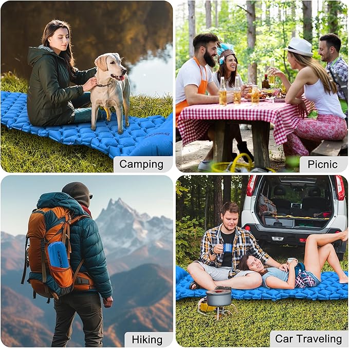 Camping Sleeping Pad, Ultralight Inflatable Mattress with Pillow Built-in Foot Pump for Outdoor Hiking Travel Tent Backpacking Trip Car, Compact Lightweight Camping Mat, Blue