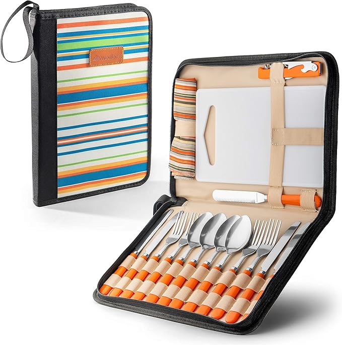 Camping Silverware Kit Cutlery Organizer Utensil Picnic Set 12 Piece Mess Kit - Stainless Steel Spoon Butter & Serrated Knife Wine Opener Fork Napkin Hiking Camp Kitchen BBQ’s (4 Person 20 Piece Set)