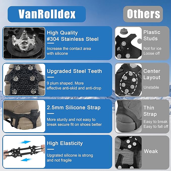 Crampons Ice Cleats for Shoes and Boots Traction Snow Cleats with 9 Studs Snow Cleats Chains Non Slip Rubber Crampons for Hiking Boots Men Women Ice Snow Winter Walking Climbing Fishing