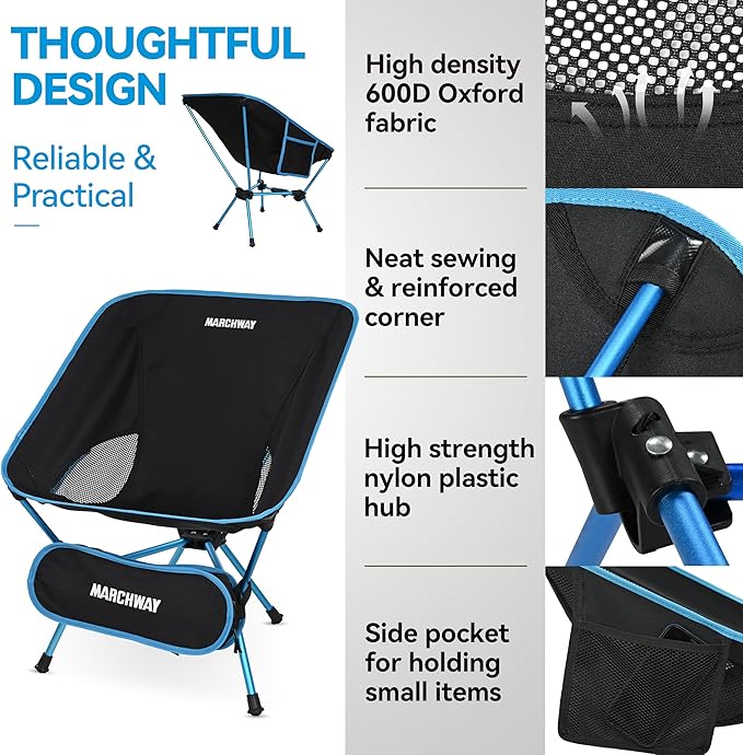 MARCHWAY Lightweight Folding Camping Chair with Spring Lock, Stable Compact Portable for Outdoor Camp, Travel, Beach, Picnic, Festival, Hiking, Backpacking (Lowback Blue)