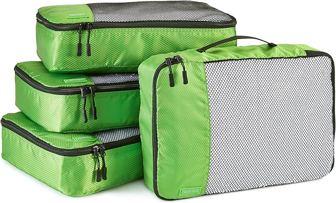 Amazon Essentials 4-Piece Packing Cubes Travel Accessories Set, Luggage Organizer with Double Zipper, Mesh Top, 100% Polyester, Medium, Green (Previously Amazon Basics)