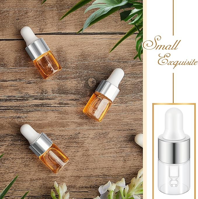 100 Pcs Mini Glass Oil Dropper Bottle Bulk, Clear Essential Small Empty Bottles Sample Containers Perfume Liquid Vials with Cap for Traveling (2 ml,Silver)