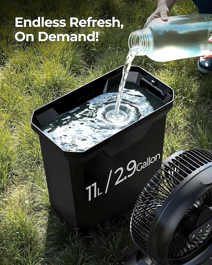 Koonie 10 Inch Camping Misting Fan 11L Tank, 20000mAh Cooling Battery Floor Fan with Remote, 4 Timers, 4 Speeds, 3 Mist Modes, 45°/90° Oscillation, 10° Tilt, Portable for Outdoors Patios, Travel