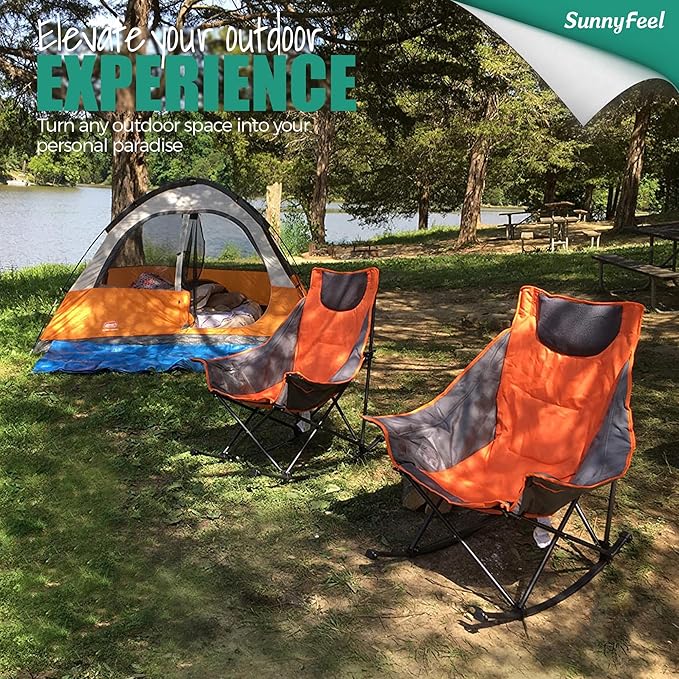 SUNNYFEEL Oversized Heated Camping Chair, Folding Rocking Camping Chairs with Luxury Padded Recliner,Carry Bag, 300 LBS Heavy Duty for Lawn/Outdoor/Picnic/Patio, Portable Rocker Camp Chair