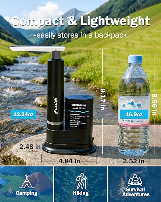 Frizzlife Electric Water Filter Camping, 0.01μm Ultrafiltration 7-Stage Portable Water Filter, Rechargeable Water Purifier for Camping, Survival, Backpacking, Hiking & Emergency, EF1200