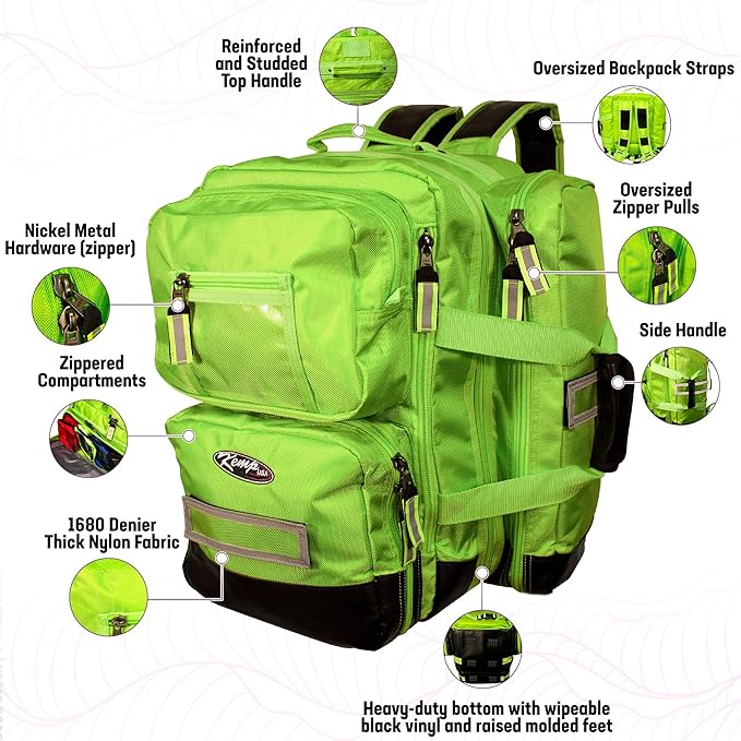 Kemp USA Ultimate EMS Backpack - Emergency Supplies - EMT Bag Fits BLS/ALS Equipment and D Tank Oxygen Cylinder - Multiple Grab Points, Chest & Waist Support Straps & Color-Coded Pouches (Neon Green)