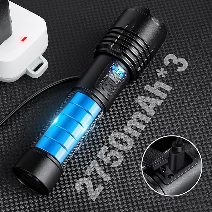 3 Pack Rechargeable Flashlights 90,000 High Lumens, Super Bright LED Flash Light with 3 Light Modes, High Power Flashlight with Charging Cables, IPX7 Waterproof for Camping, Outdoor, Home