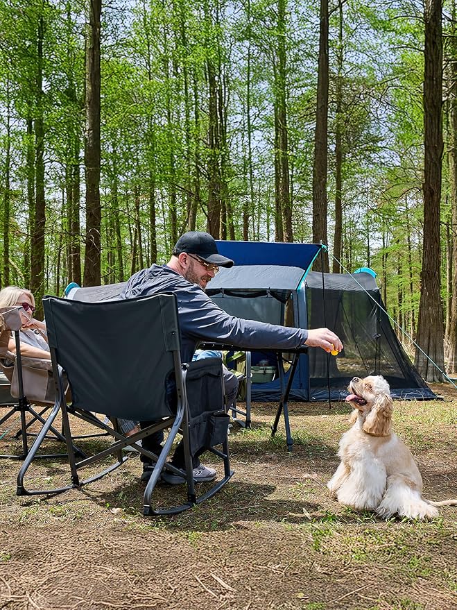 TIMBER RIDGE Folding Oversized Rocking Camping Chair, 400lbs Capacity Portable Outdoor Rocker with Hard Armrests, Cup Holder & Side Pocket, Quick-Fold Design for Outdoor, Patio, Lawn, Blue
