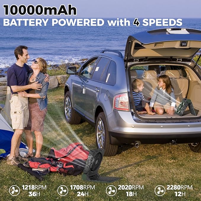 MORECORE 10000mAh 11inch Solar Camping Fan with Dual Charging, 4 Speeds & 3 Light Levels, 36H Run Time, Timer & 90° Adjustable, Portable Quiet Desk Fan for Hiking, Hurricane, Outages, Fishing-Green
