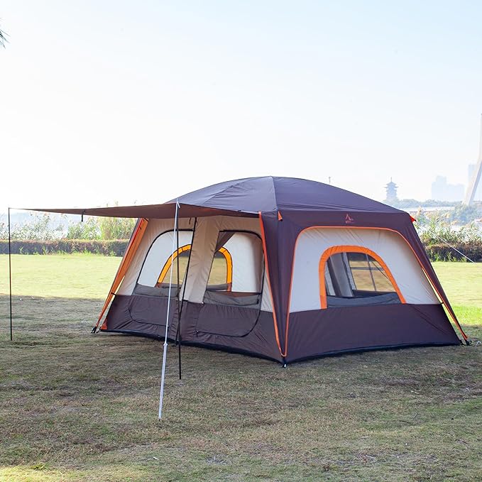 KTT Large Family Cabin Tent 10-12 Person,14.1X10X6.58ft,2 Rooms,3 Storage Pockets,2 Bay-Windows 3 Doors and 3 Windows with Mesh,Straight Wall,Waterproof,Double Layer,Big Tent for Outdoor,Camping