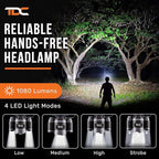 TDC Head Lamp Led Rechargeable Super Bright - USB-C Headlamp for Adults - Head Lights for Forehead - 1080 Lumen Head Flashlight - 10HR Battery for Hardhat, Camping, Hunting, Work