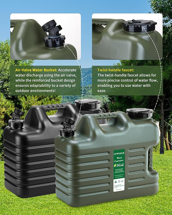 UPWOIGH 5 Gallon Water Jug Set of 2, Camping Water Container, Truly No Leakage Water Storage, Large Military Green Water Tank,BPA Free Portable Emergency Overlanding Gear for Outdoors Hiking