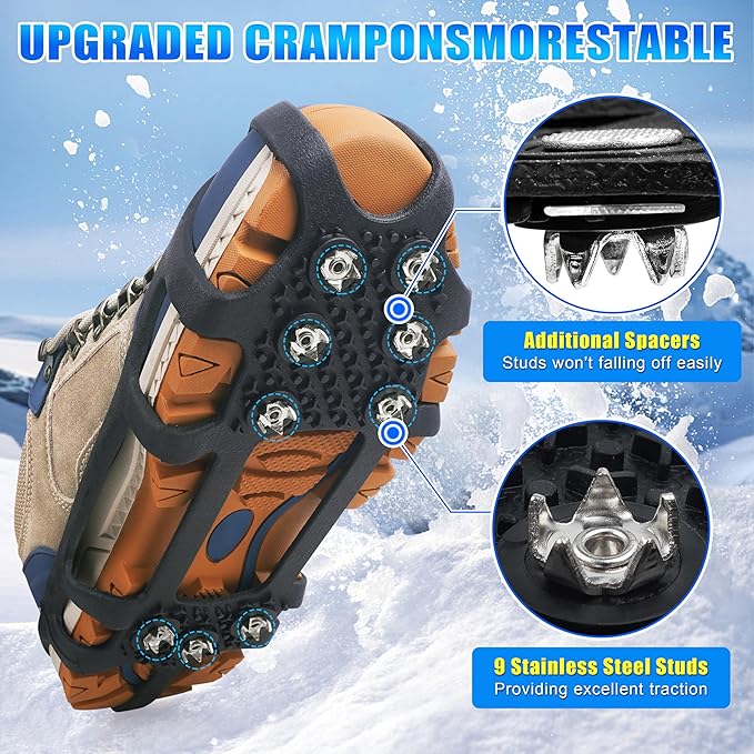 Ice Cleats for Shoes and Boots Snow Traction Cleats Crampons for Walking on Snow and Ice 9 Studs Non-Slip Overshoe Rubber Anti Slip Crampons Slip-on Stretch Footwear Winter Hiking Climbing Ice Fishing