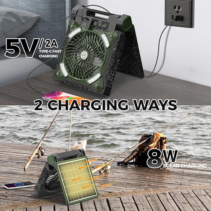 MORECORE 10000mAh 11inch Solar Camping Fan with Dual Charging, 4 Speeds & 3 Light Levels, 36H Run Time, Timer & 90° Adjustable, Portable Quiet Desk Fan for Hiking, Hurricane, Outages, Fishing-Green