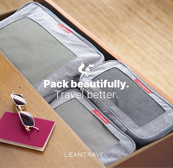 LeanTravel Premium Compression Packing Cubes for Travel - Suitcase Organizer Bags with Double Zipper & Breathable Mesh Panel - Space Saving Carry On Luggage Essentials (3-Pack, Grey)