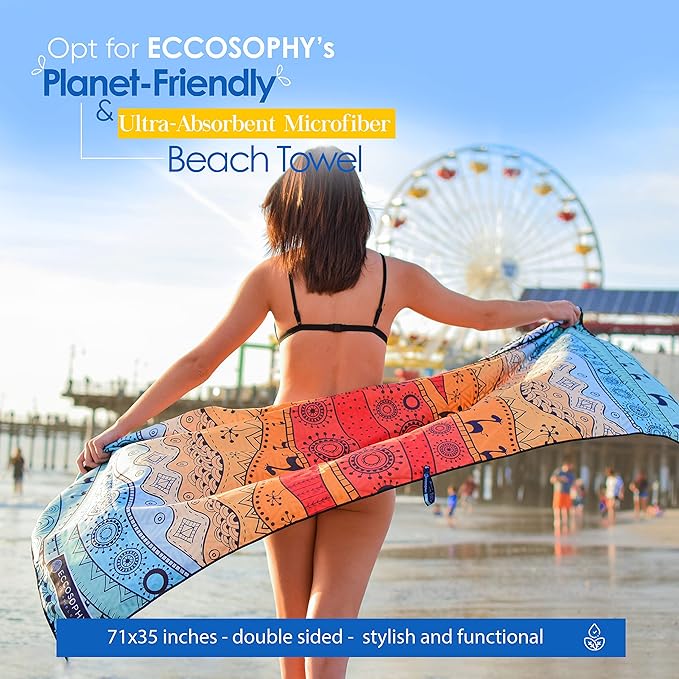 ECCOSOPHY Microfiber Beach Towel - Sand Free Towels are Quick Dry, Light Weight, Super Absorbent - Perfect Pool, Travel, Cruise, Camping Essentials - Oversized Extra Large for Adults 71x35 in