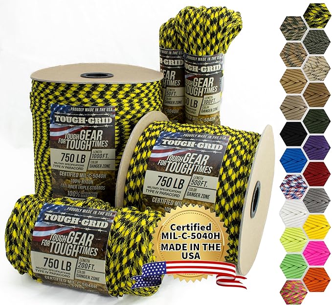 TOUGH-GRID Paracord Rope 750 lbs Nylon Parachute Cord, Made in USA Survival Kit, Outdoor Adventures, Camping, Tactical Gear & Emergency Supplies, Military Type IV Mil-Spec