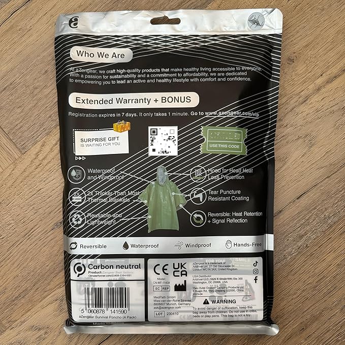 aZengear Emergency Survival Poncho (4pc) Thermal Mylar Foil Blanket for Heat Retention and Rain | Reversible with Hood | Waterproof, Windproof, Portable, Hands-Free, Outdoor Kit (Green)