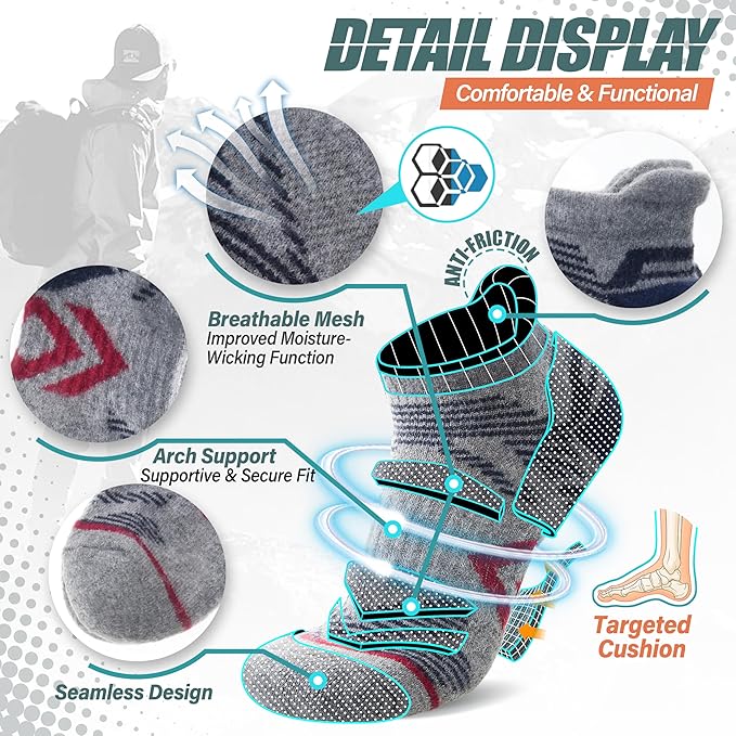 ANTSANG 6 Pairs Merino Wool Ankle Hiking Running Socks Compression Thick Cushion Breathable No Show Socks for Men Women