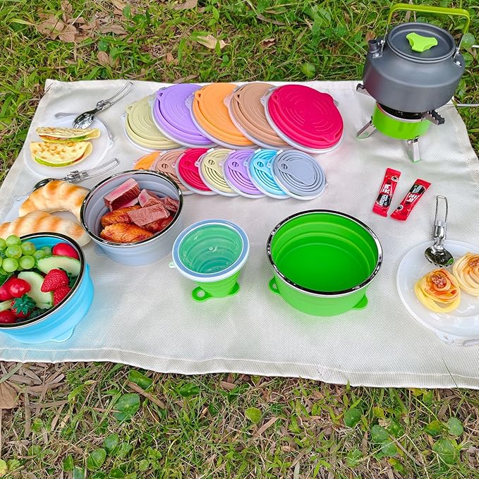 Mess Kit for Camping Silicone Collapsible Bowl Collapsible Cup and Stainless Steel Spoon for Backpacking Outdoor Hiking Traveling and Picnic