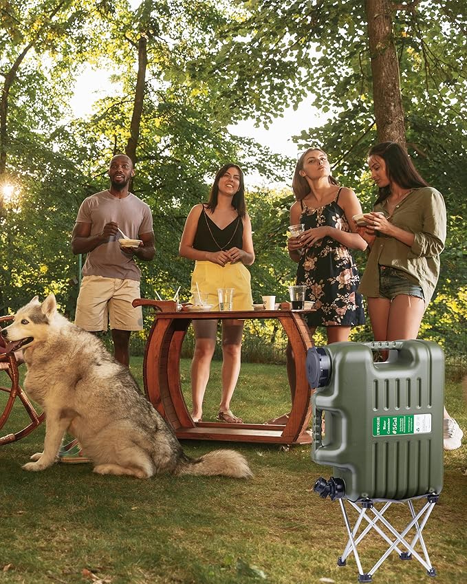 UPWOIGH 5 Gallon Water Jug with Spigot and Folding Stool – Leak-Proof, BPA-Free Portable Green Water Container with Stand, Large Outdoor Storage Tank for Camping, Hiking, RV, Travel, and Emergency Use